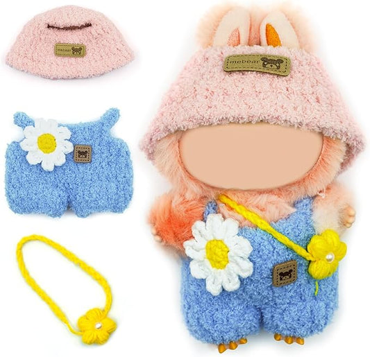 17cm Doll Clothes, 3-Piece Set with Handmade Hat, Jumpsuit & Bag, Sunflower Style Outfit for Cute Plush Doll, for Keychain Accessories(Pink and Blue)