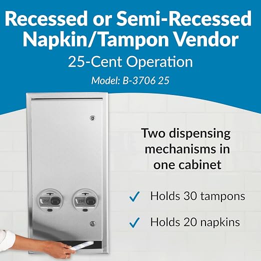 Bobrick Recessed Napkin/Tampon Dispenser, 25 Cent Operation Dual Dispenser for Commercial Use Holds 20 Napkins & 30 Tampons Satin-Finish Stainless Steel Push-Button (Model B-3706 25)