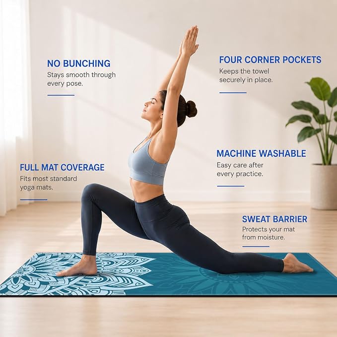 Yoga Mat Towel, Hot Yoga Non Slip with 4 Corner Pockets, 70 x 26 in | Soft Absorbent Microfiber With Four Corner Pockets, Fits Over Yoga Mats For Hot Yoga, Pilates, Gym, And Travel