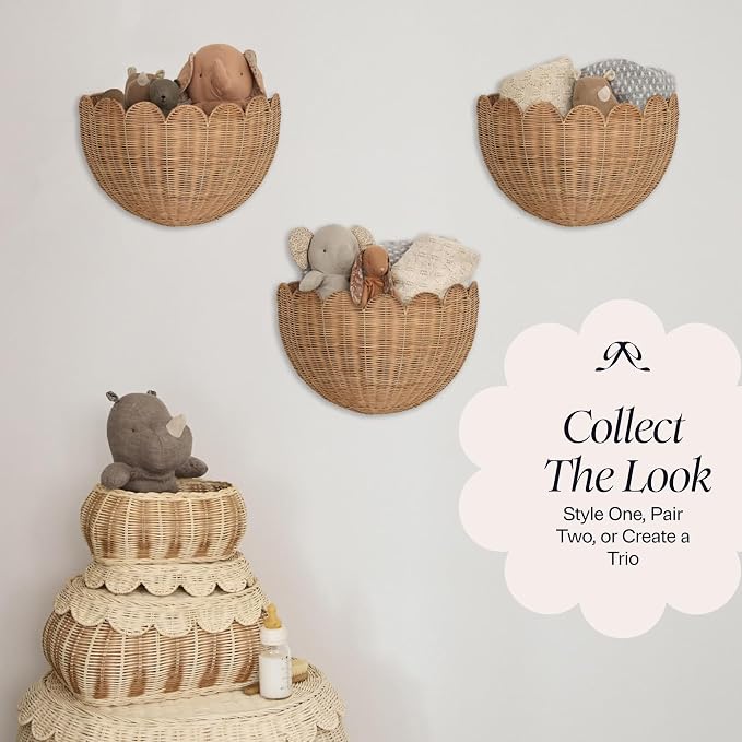 BEBE BASK Scalloped Wicker Wall Basket - The Original - 16 x 10 x 7 In | Handwoven Basket, Scalloped Décor Wall Hanging Baskets, Hanging Wall Basket, Rattan Wall Storage Basket for Home (Mocca)