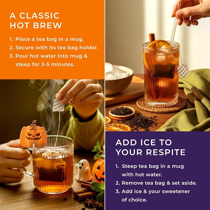Gya Tea Co Halloween Assorted Tea Bags Variety Pack - 20 Bags 7 Seasonal Flavors - Caffeinated & Caffeine Free Holiday Tea Sampler Gift Set Box - Easy Brew, Natural Ingredients, Enjoy Hot or Iced