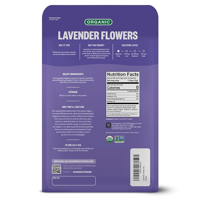 FGO Organic Dried Lavender Flowers, Extra Grade Dried Buds, Imported From France for Culinary or Sachet Bags, 4oz, Packaging May Vary (Pack of 1)