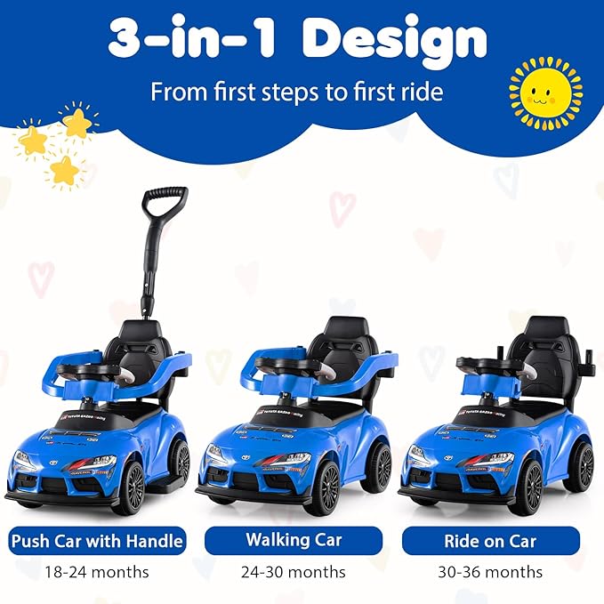 Costzon Push Car for Toddlers, 3 in 1 Toyota Licensed Stroller Sliding Walking Car w/Handle, Music, Safety Guardrail, Under-Seat Storage, Foot-to-Floor Kids Ride On Toys for Boys Girls (Blue)