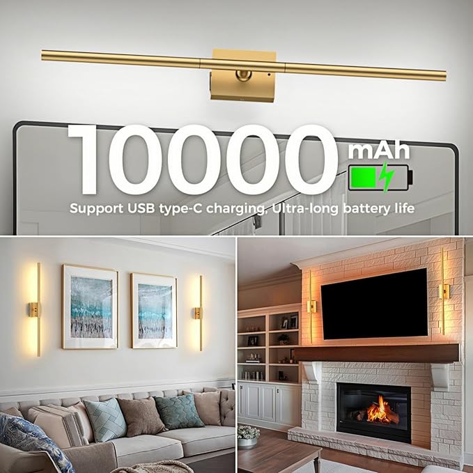 Battery Operated Wall Sconces Set of 2, 10000mAh, Gold | remote control and 360° rotation, for picture display TV wall mirror bedroom or living room home decor
