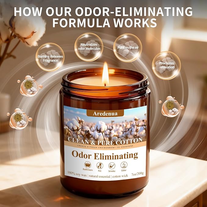 Clean & Pure Cotton Odor Eliminating Candles | Eliminates 95% of Pet, Smoke, Food, and Other Smells – 7 oz Soy Candle for Home Scented - Air Freshing Scented Candles, Up to 50 Hour Burn Time