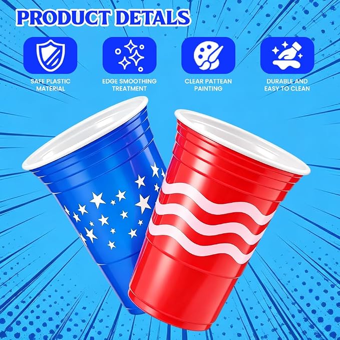 60 Pieces 4th of July Cup Pong Game Set 16 oz Red & Blue Patriotic Plastic Cups with 10 Red & Blue Balls for Independence Day Party Games, Backyard BBQ, Patriotic Decorations & Supplies