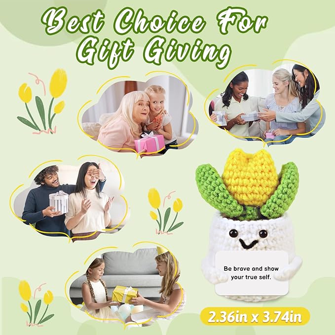 Funny Easter Basket Stuffers Positive Crochet Plants Tulip Easter Gifts for Mom Wife Grandma Teacher Appreciation Mini Crochet Tulip Inspirational Novelty Gifts