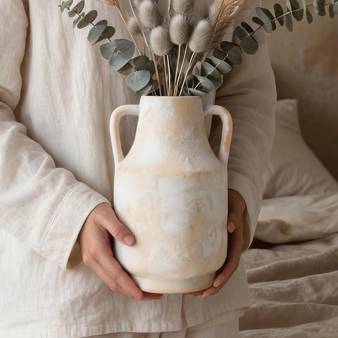 Ceramic Flower Vase, 10.6" Rustic Farmhouse Decorative Vase, Wide Ceramic Pottery Vase for Fresh Flowers, Pampas Grass, Living Room, Fireplace Mantel, Table and Shelf Decor