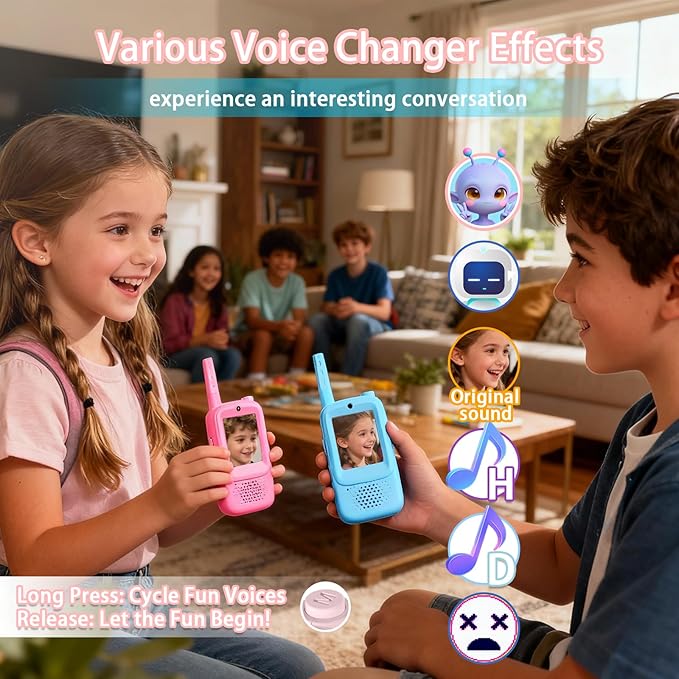 NUFR Video Walkie Talkies for Kids with 6 Voice Changer, Handheld Long Range Rechargeable Video Intercom Toys with Screen, 2 Pack Walkie Talkie for Girls Boys Indoor Outdoor Games Camping