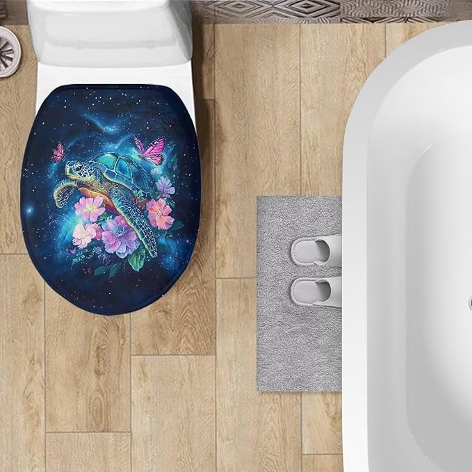 Sea Turtle Toilet Seat Cover Elongated with Elastic Band Sea Turtle Flower Toilet Seat Lid Covers for Bathroom Soft Toilet Seat Cover Machine Washable Easy to Clean