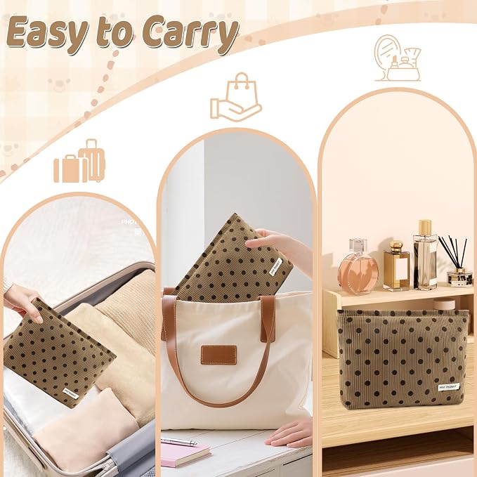 ZLFSRQ Corduroy Makeup Bag for Women Girls Cute Polka Dot Cosmetic Bag for Purse Large Capacity Trendy Zipper Makeup Pouch Toiletry Pouch Aesthetic Skincare Make Up Essentials Organizer Bags (Brown)