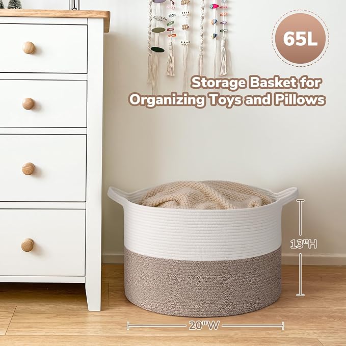 Goodpick 65L Large Woven Rope Basket for Blankets Living Room, 65L | 19.7 x 19.7 x 12.6 In Woven Basket for Storage, Kids Toy Storage for Playroom, Laundry Basket for Towels,Mele