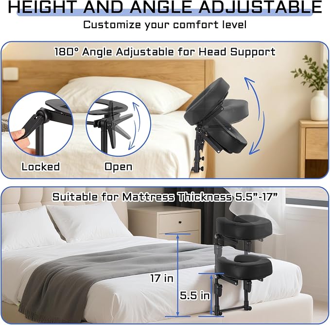 Massage headrest for Bed with Storage Bag Adjustable Mattress Top Massage Kit, Massage Face Cradle at Home for Massage SPA Foldable & Portable Face Down Pillow After Eye Surgery (Black)