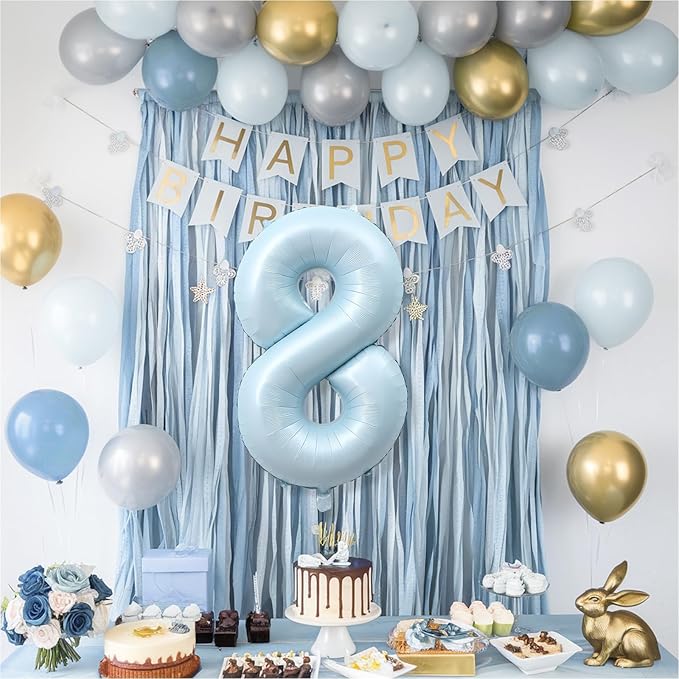 Foil 8 Balloon, Light Matte Blue Big Number 8 Balloons for Boys Birthday Party Decor, 40'' Mylar Helium Self Inflating Number 8 Pastel Baby Blue Balloon for 8th Birthday Party Anniversary Decorations