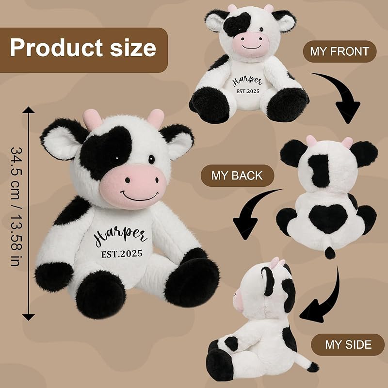 Personalized Cow Stuffed Animal, Milk Cow Plushie with Custom Name Date Message, 13.5" High 9.8"Width Black White Cows Soft Cuddle Gift for Baby Toddler Boy Girl Kids