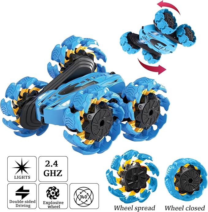 Remote Control Car, New Upgraded Double-Sided 360° Rotating RC Toy Cars with LED Headlights, 2.4GHz Rechargeable Electric Race Stunt Car with 4WD, Best Gift for 6-12 Year Old Boys and Girls (Blue)