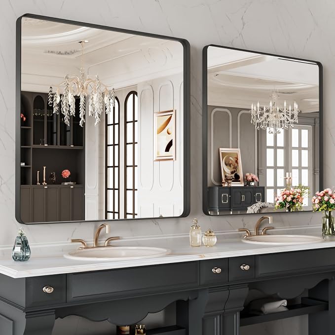 LOAAO 32X32 Inch Black Metal Framed Bathroom Mirror for Wall | Matte Black Bathroom Vanity Mirror, Anti-Rust, Hangs Horizontally or Vertically