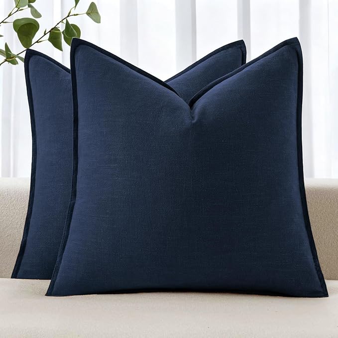 MIULEE Decorative Linen Pillow Covers 24x24 Inch Navy Blue | Boho Farmhouse Neutral Couch Throw Pillows for Bed, Pack of 2 Accent Coastal Modern Pillowcases, Sofa Livingroom Home Decor
