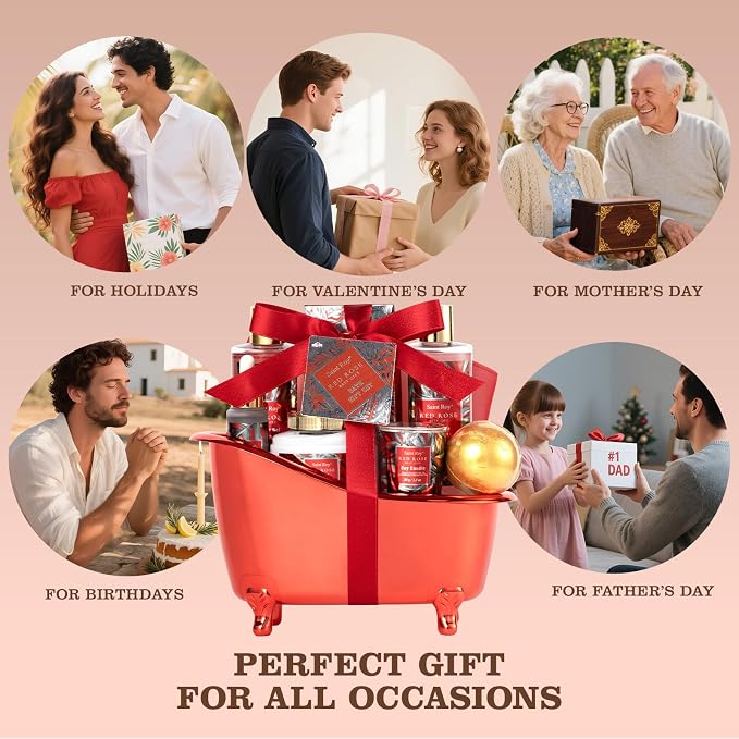 Gifts for Women Birthday Gift Basket Spa Gift Basket Spa Gift Set For Women | Red Rose Bath and Body for Her in Floral Scents Bath Kits, Home Spa Gift Basket, Bath Spa Kit for Mothers day Birthday Gifts