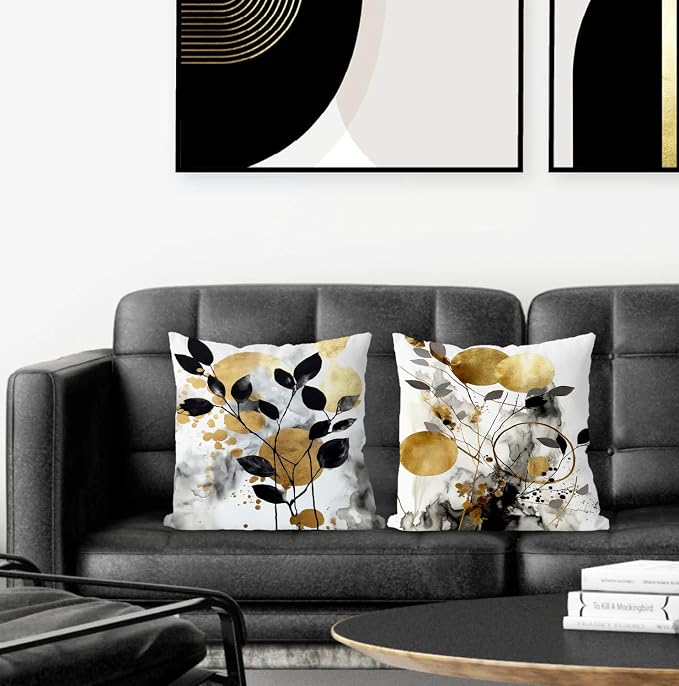 Black and Gold Botanical Pillow Covers 24x24 Set of 2, Abstract Modern Decorative Throw Pillow Covers for Living Room Bedroom, Modern Home Decor, Black and Gold Bedroom Living Room Decor