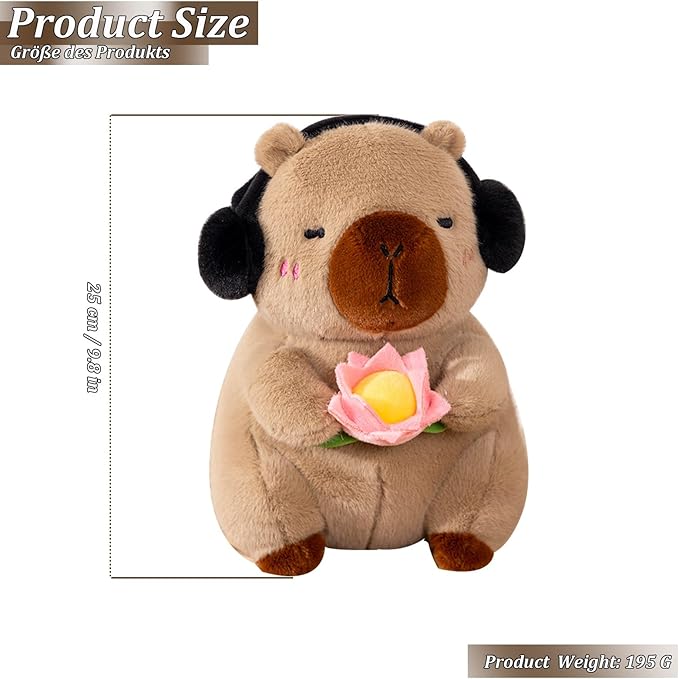 Soft Capybara Plush Doll Pillow with Headphones and Pink Rose, Capybara Stuffed Animal Toy for Kids, Home Decorations Gifts 10 inch