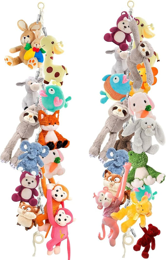 2pcs Stuffed Animal Storage Chain - Boho Stuffed Animal Hammock with 40pcs Metal Clips, Stuff Animal Organizer Hanging Storage for Bedroom Wall Door Display