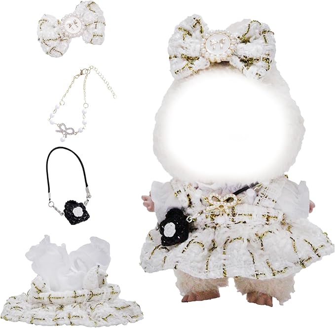 17cm Doll Clothes Set and Accessories Suit, (NO Doll) 5-Piece Set, Outfits for Clothes Set,Includes Dress, White Clothes，Matching Hair Bow, Necklace, Bags(Golden)