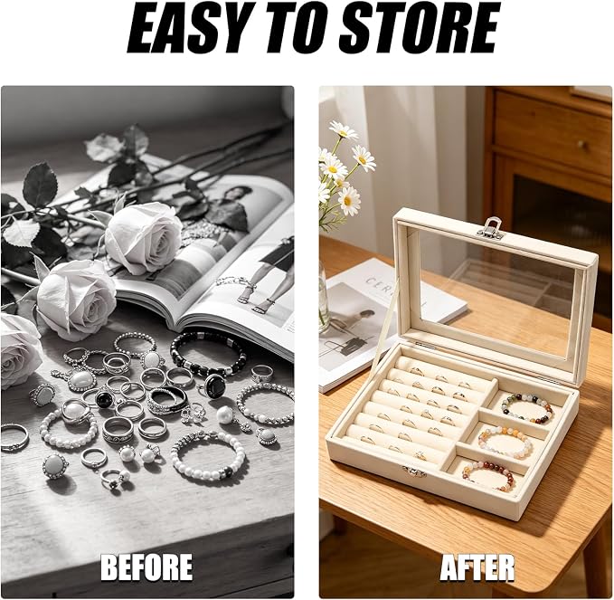 Small Velvet Jewelry Tray with Clear Lid, 2-in-1 Beige | Lockable Ring Earring Holder Organizer Storage Box Case Jewelry Box Organizer for Rings Earrings Bracelets Brooches