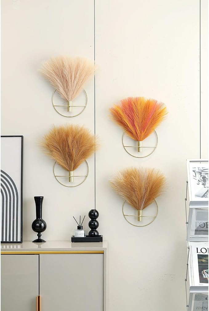 Pretty Jolly Boho Pampas Wall Decor Gold Metal Wall-Mounted Art | Morden Artificial Greenery Display，2 Pack Hanging Planter For Living Room, Bedroom, Bathroom, Dining room