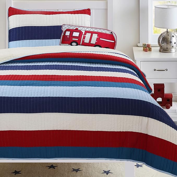 Cozy Line Home Fashions Aaron Bedding Quilt Set, Nautical Navy Blue Red Off-White Striped 100% Cotton Reversible Coverlet Bedspread Bedding Set (National Stripe, Twin - 2 Piece)