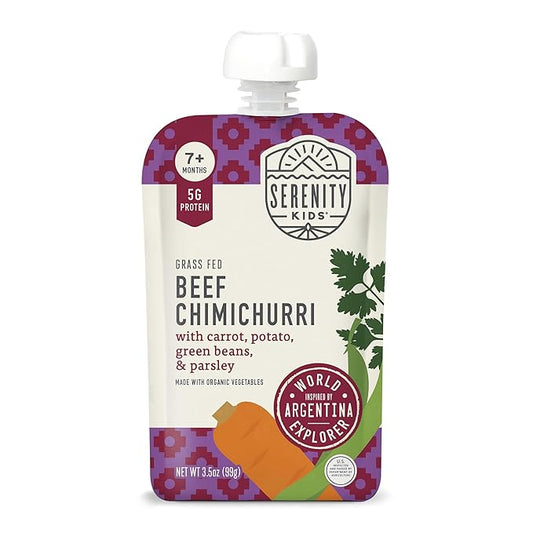 Serenity Kids 7+ Months Beef Chimichurri Baby Food Pouches - 3.5 Oz, Pack of 6 - Nutrient-Packed Puree with Organic Veggies - 5g Protein Pouch for Growth & Baby Essentials - Toddler Food Puree
