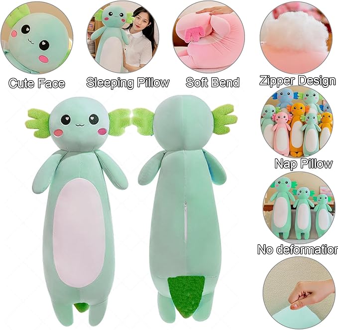 Long Axolotl Stuffed Animal Salamander Plush Pillow, Soft Axolotl Plush Toy for Boys Girls Gifts for Christmas (Green, 65cm/25.59inch)