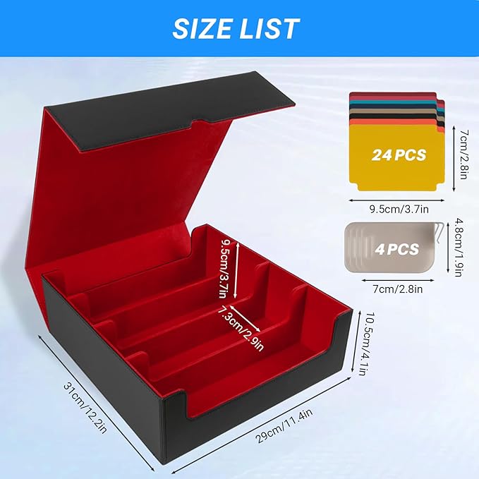 3000+ Collectible Trading Case, 4 Rows Deck Case With 24 Dividers & 4 Supporters, PU Leather Fits for MTG, Game & Sport Cards (Black & Red)
