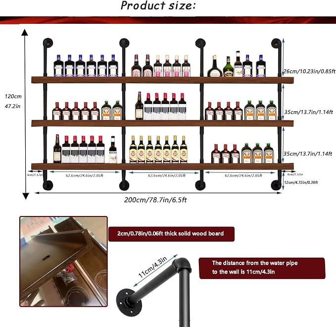 78.7in Wall Mounted Wine Rack with LED Light Solid Wood | 3-Tiers Liquor Bottles Floating Shelves Display Storage Organizer for Home Bar & Dining Room