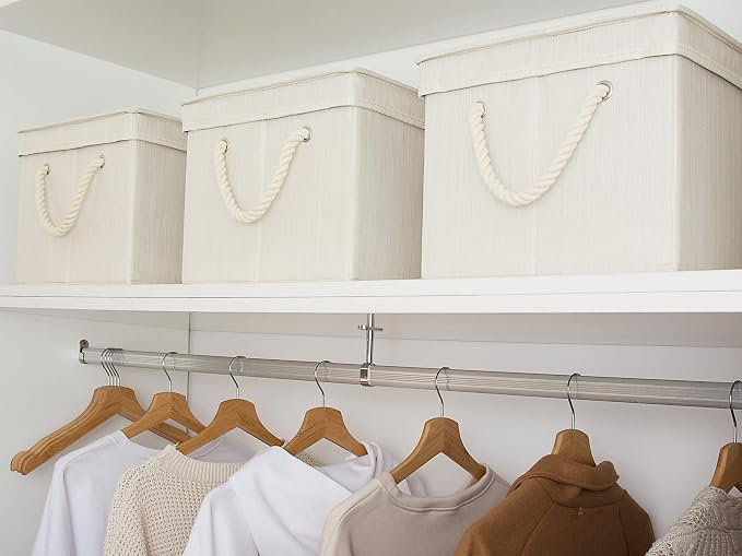StorageWorks Storage Bins with Lids, Decorative Storage Boxes with Soft Rope Handles, Foldable Stackable Storage Baskets for Closet, Shelves, 3-Pack, Ivory and White, Jumbo