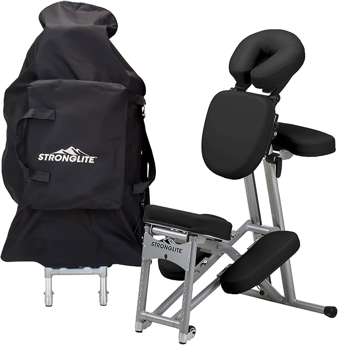 STRONGLITE Portable Massage Chair Ergo Pro II - Ultra-Strong, Lightweight, Foldable Tattoo Spa Chair with Wheels & Carry Case (600lbs Working Weight), Black