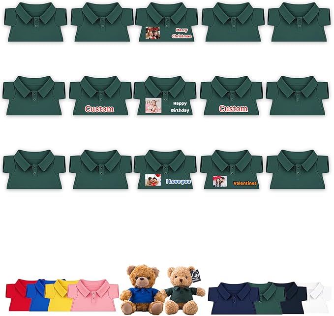 15 Pcs Personalized Teddy Bear Clothes with Name Photo, Custom Stuffed Animal Clothing Fit 8-16 inch Bears Clothes for Stuffed Animals, Doll Clothing Make Your Own Plush Doll Shirt