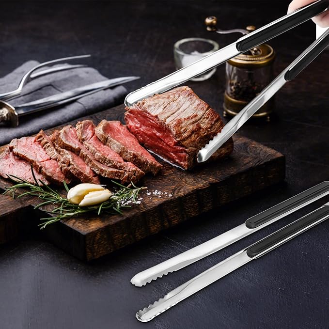 8 Pack Premium Stainless Steel Kitchen Tongs, Serving Tongs for Cooking, XEVOM Metal Food Tongs with Non-Slip Grip, Heat Resistant Grill Tongs
