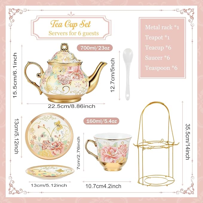 20 Pcs Porcelain Tea Set with Metal Holder, European Ceramic Tea Set for Adults, Antique Enamel Tea Cup Saucer Set for Party, Coffee Tea Gift Sets with Pink Flower Painting (Pink Enamel)