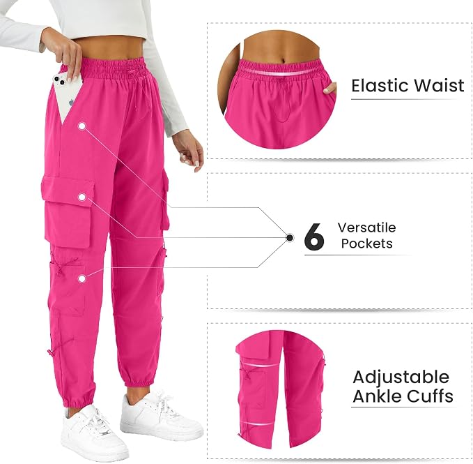 COPYLEAF Womens Parachute Cargo Pants with Pockets Quick Dry Hiking Pants Lightweight Water-Resistant Baggy Joggers