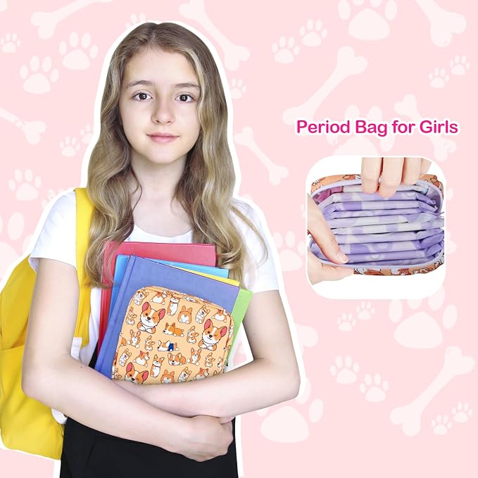 Likesing Period Bag Pouch, Canvas Sanitary Napkin Storage Bag for Girls Womens, Portable Sanitary Napkin Period Pad Pouch for Purse, Small Make Up Bags(Blue Cat N0461)
