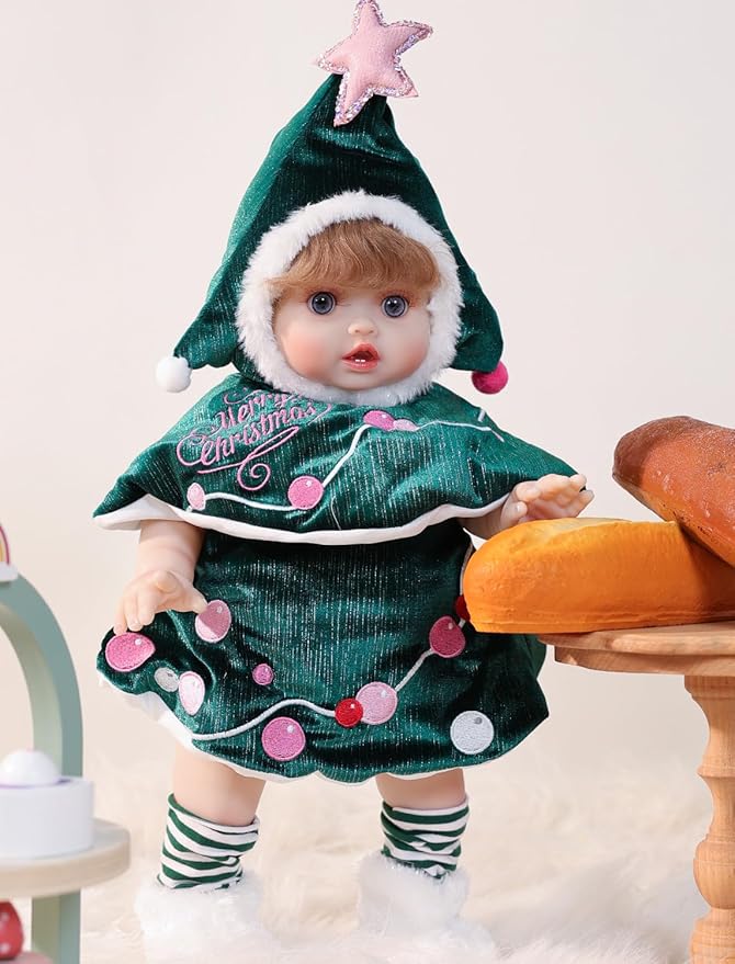 Baby Dolls, 18 Inch Realistic Reborn Full Vinyl Baby Doll with Curly Hair, Hand-Painted Lifelike Details & Cozy Outfit for Girls Ages 3+, Pretend Play, Display & Collection (Green)