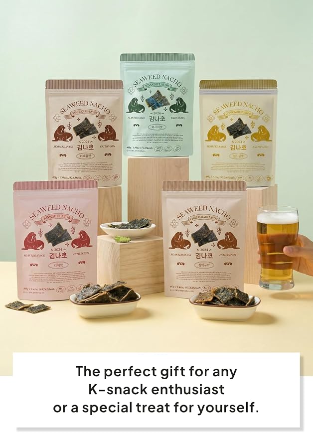 Korean Food Seaweed Nachos Variety Pack, 5 Flavor, Crispy Snack, 5 Pack | Variety pack featuring kimchi, sweet corn, BBQ, wasabi, and chili crab flavors