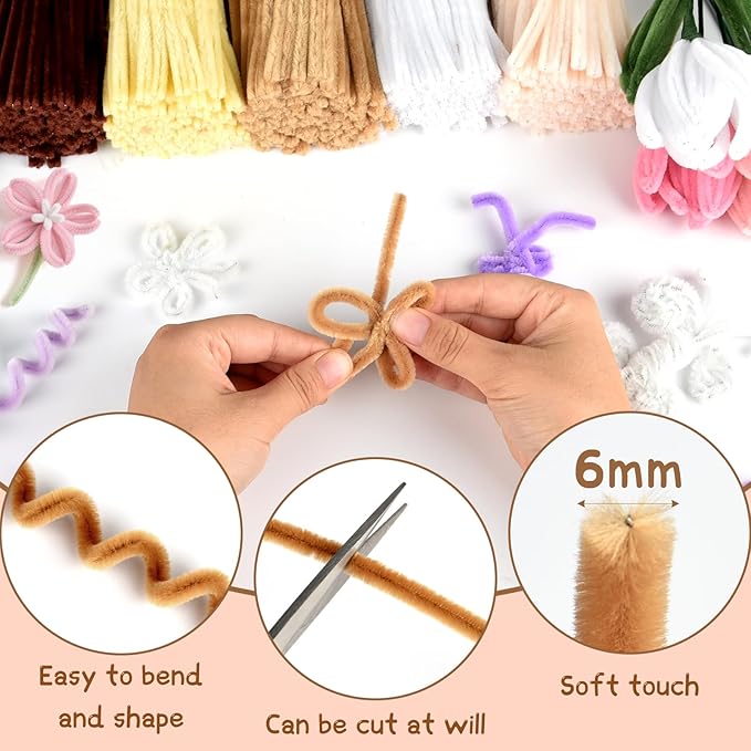 ASTARON 521 Pcs Pipe Cleaners Craft Set, 5 Colors Pipe Cleaners Bulk Pastel Chenille Stems for Craft Pipe Cleaner Flowers Making Kit with Floral Wires, Gardening Tape (Yellow Brown Series)