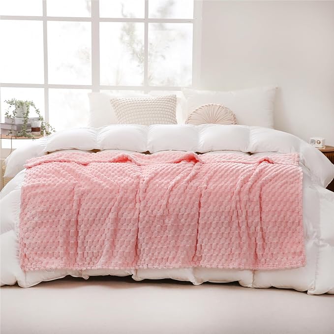 Puncuntex Light Pink Throw Blanket 60"×80" Fuzzy 3D Jacquard Decorative | Flannel Fleece Super Soft Plush Cozy Blanket for Couch Sofa Chair Lightweight