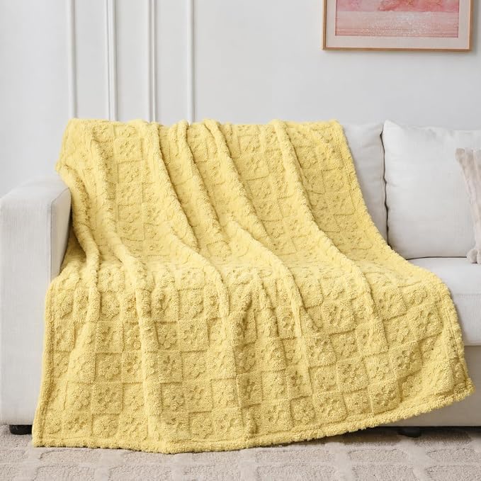 Yellow Floral Plush Throw Blanket 50 x 60 Inch, Soft Fuzzy Fleece, Cozy Decorative Blanket for Couch, Sofa, Bed and Bedroom