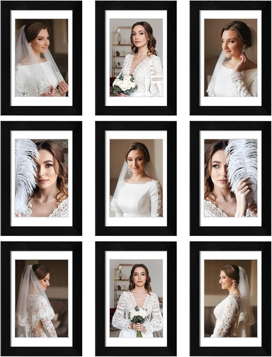 4x6 Picture Frame Set of 9, Display Pictures 3.5x5 with Mat or 4x6 without Mat, Multi Collage Gallery Square Photo Frames for Wall or Tabletop, Black