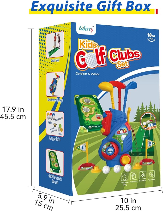 Liberry Toddler Golf Set for 2 3 4 5 Years Old Boys Girls, Upgraded Kids Golf Cart with Golf Cornhole Board & Putting Mat, Indoor and Outdoor Golf Toys Birthday Gift