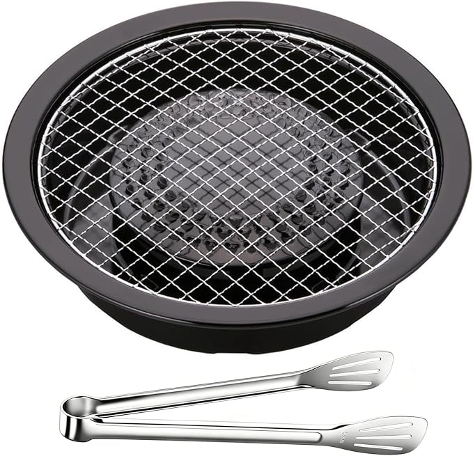 Korean Cookware Aburi Stove Top Grill Pan, Round Cooking Chamber Indoor BBQ Japanese Grill Pan, Includes Two Steel Screens & Grill Plate Handle, Outdoor Camping Grilling, Picnic Cooking, Black