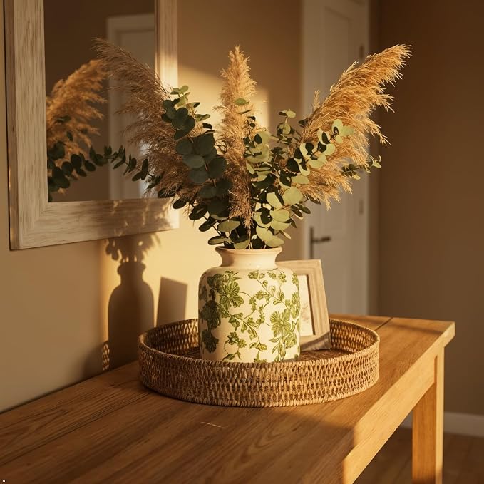 Vintage Green Crackle Glaze Ceramic Flower Vase, 6” Small Rustic Pottery Decorative Botanical Vase with Distressed Beige Rim French Country Farmhouse Cottage Tabletop & Mantel Home Decor